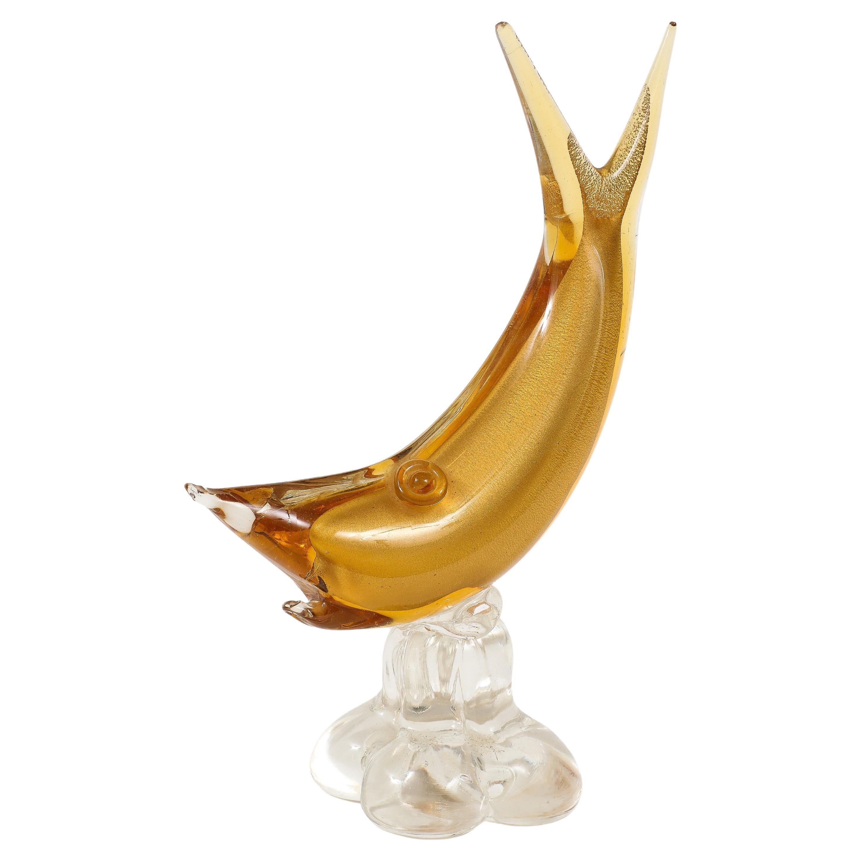 Gold, Clear Murano Glass Shark by Barovier For Sale