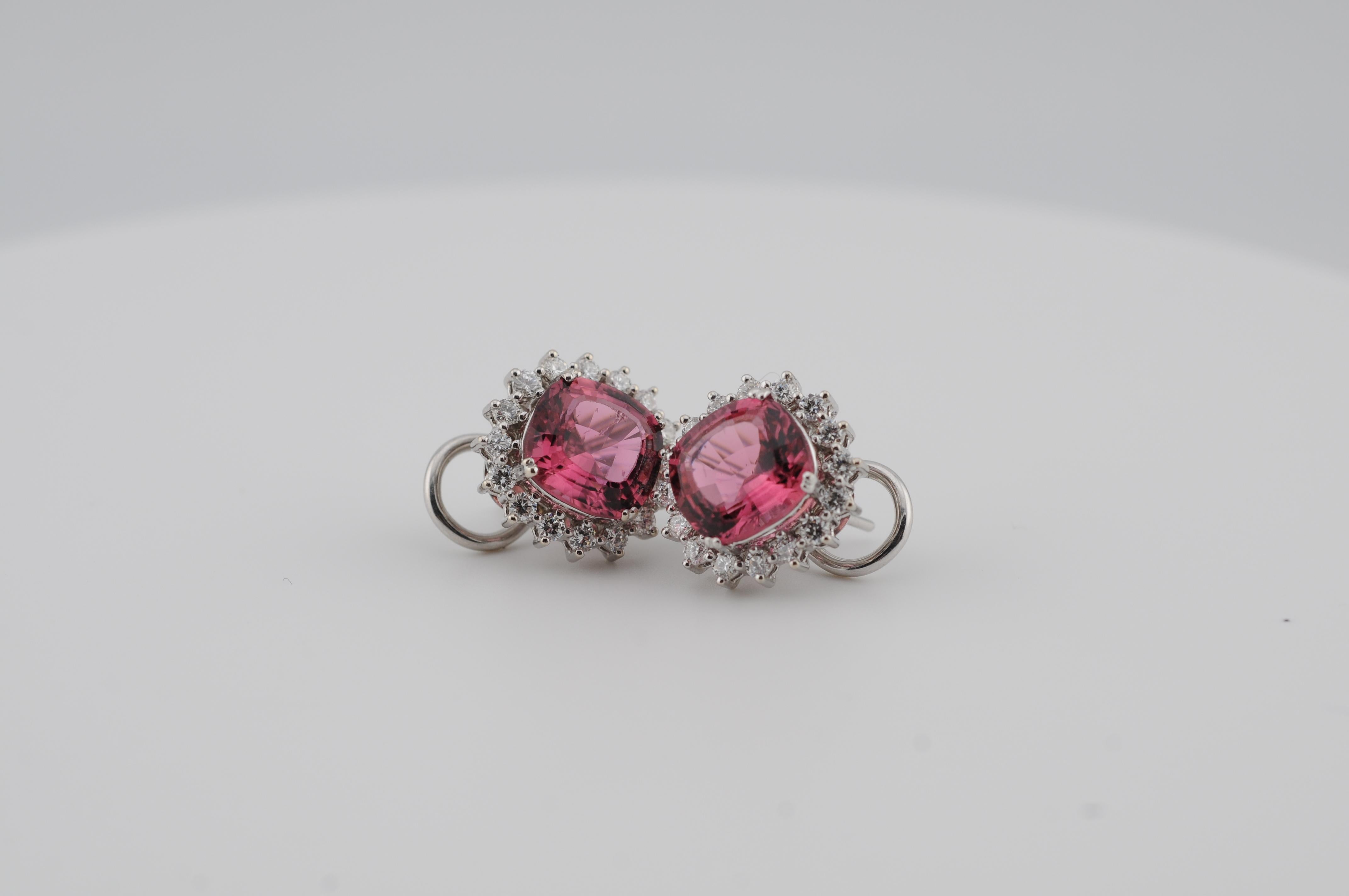 Pendientes de clip de oro con turmalinas rosas de 6 ct y diamantes de oro blanco de 18k Corte mixto en venta