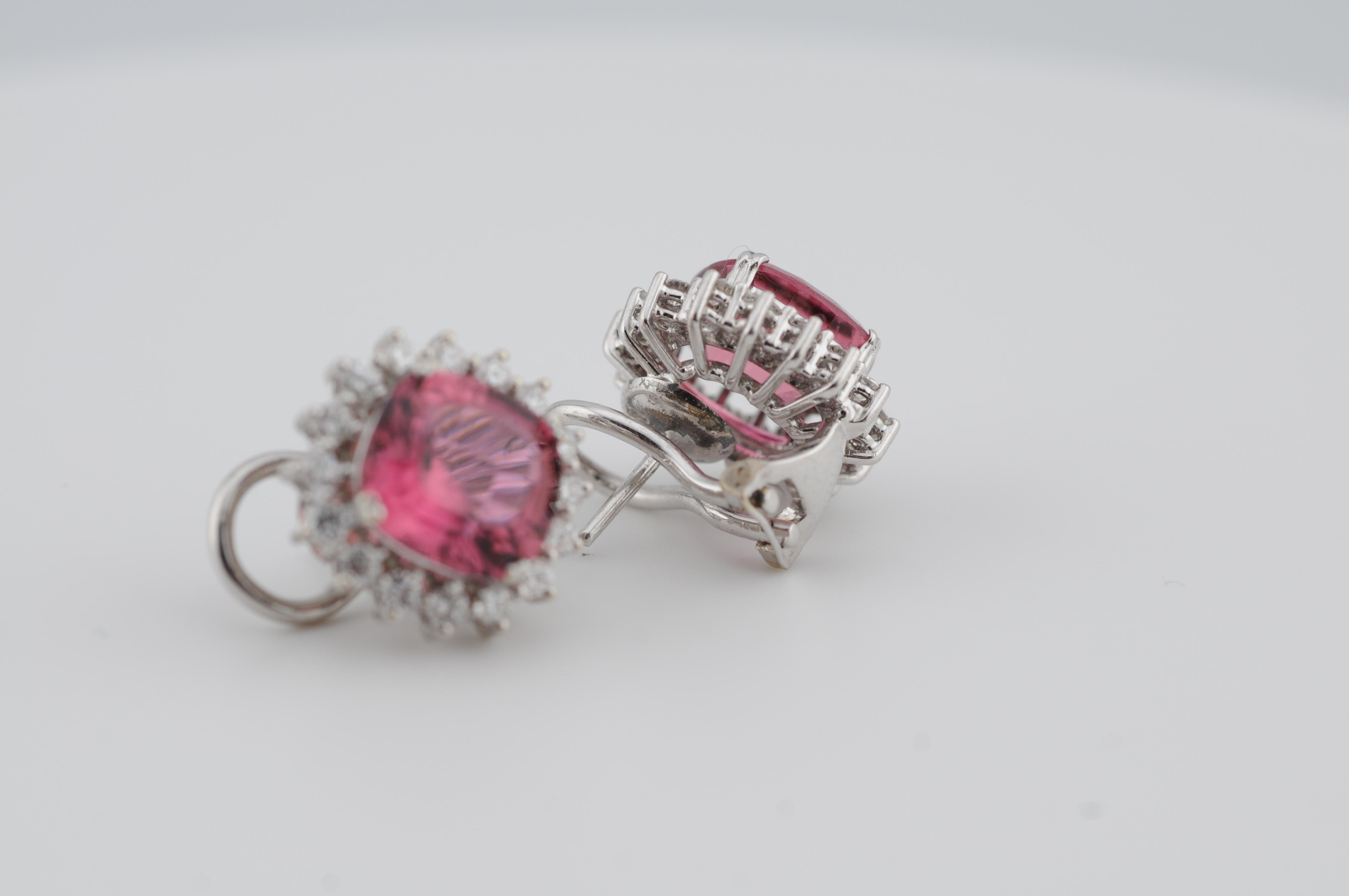 Pendientes de clip de oro con turmalinas rosas de 6 ct y diamantes de oro blanco de 18k en venta 2