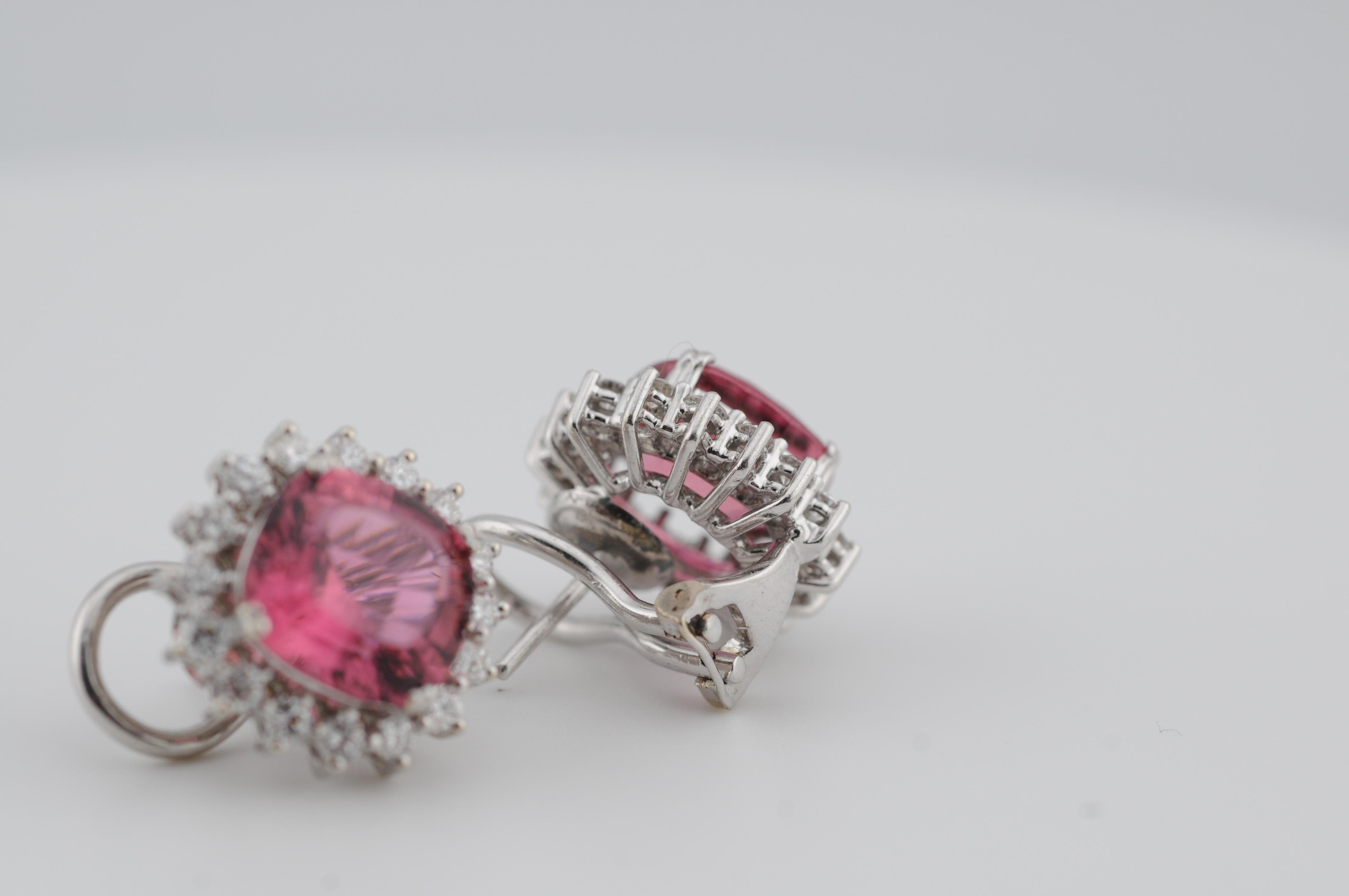 Pendientes de clip de oro con turmalinas rosas de 6 ct y diamantes de oro blanco de 18k en venta 3