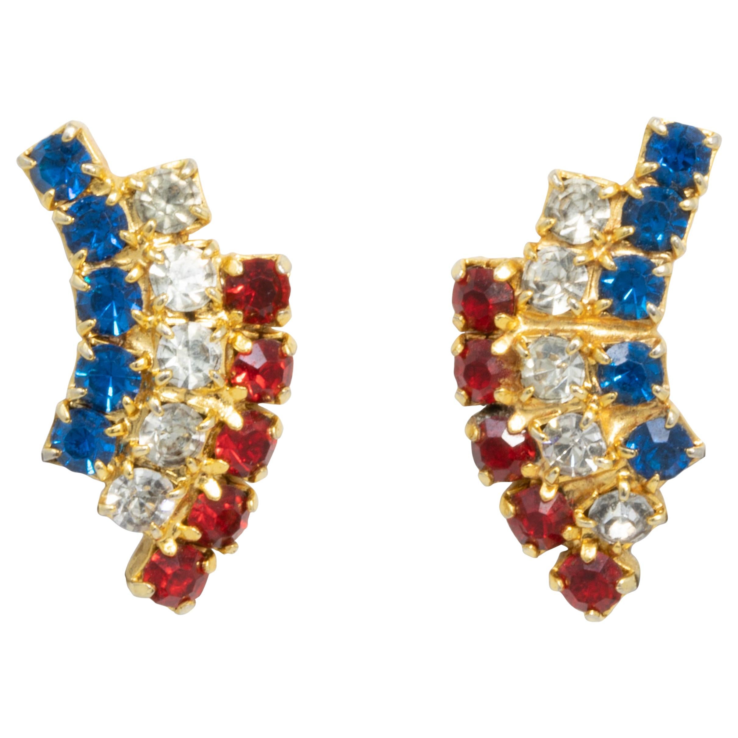 Gold Clip On Motif Earrings, Red White an Blue Crystal, Retro