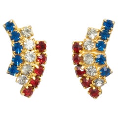 Gold Clip On Motif Earrings, Red White an Blue Crystal, Retro