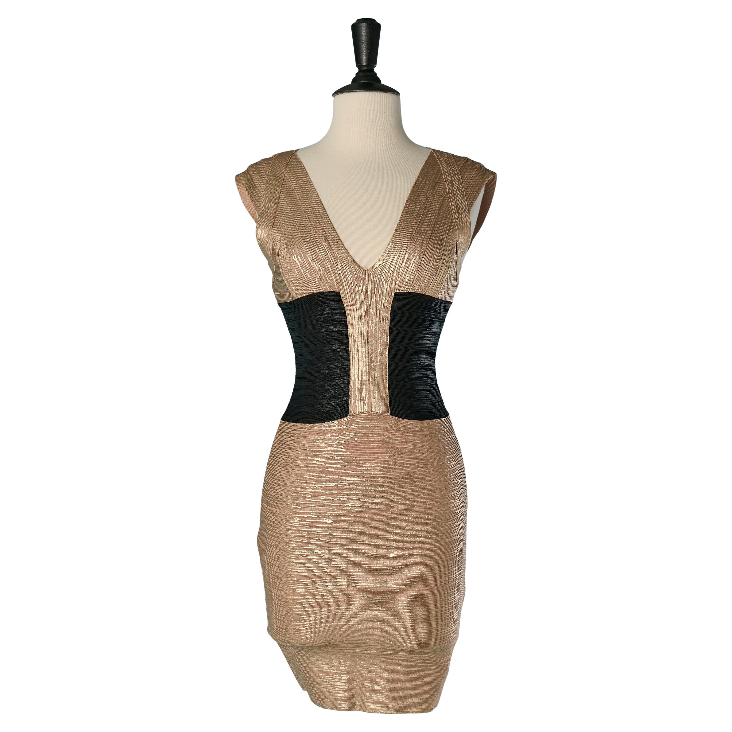 Gold coated beige and black sleeveless dress HERVE LEGER