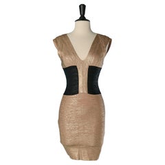 Gold coated beige and black sleeveless dress HERVE LEGER