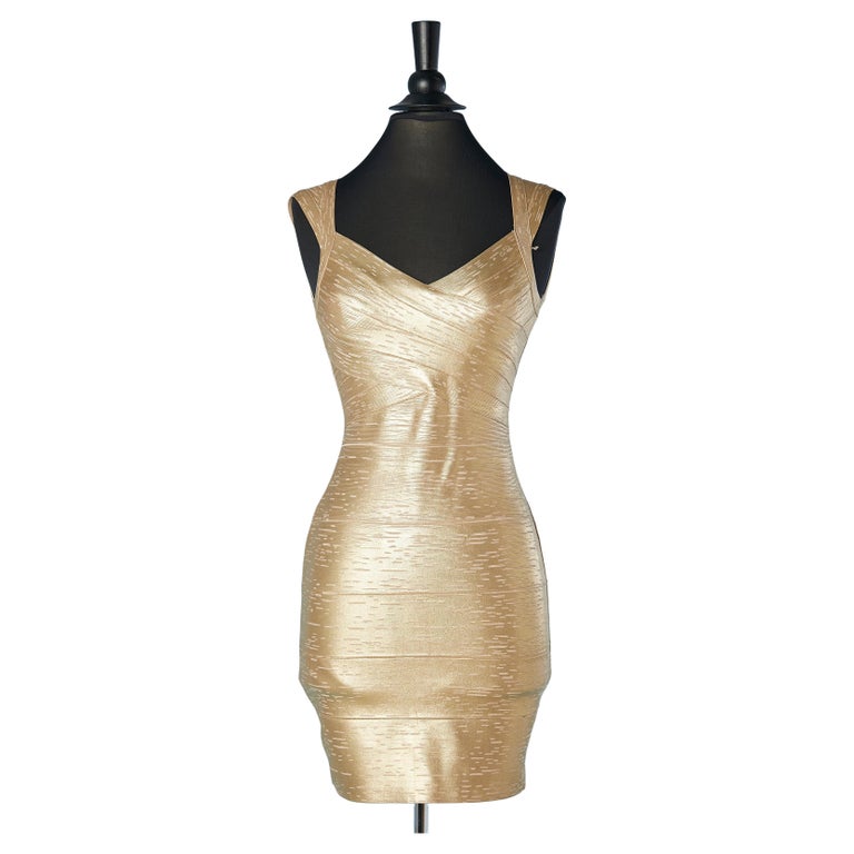 Gold coated stretch cocktail mini dress Hervé Léger For Sale at 1stDibs