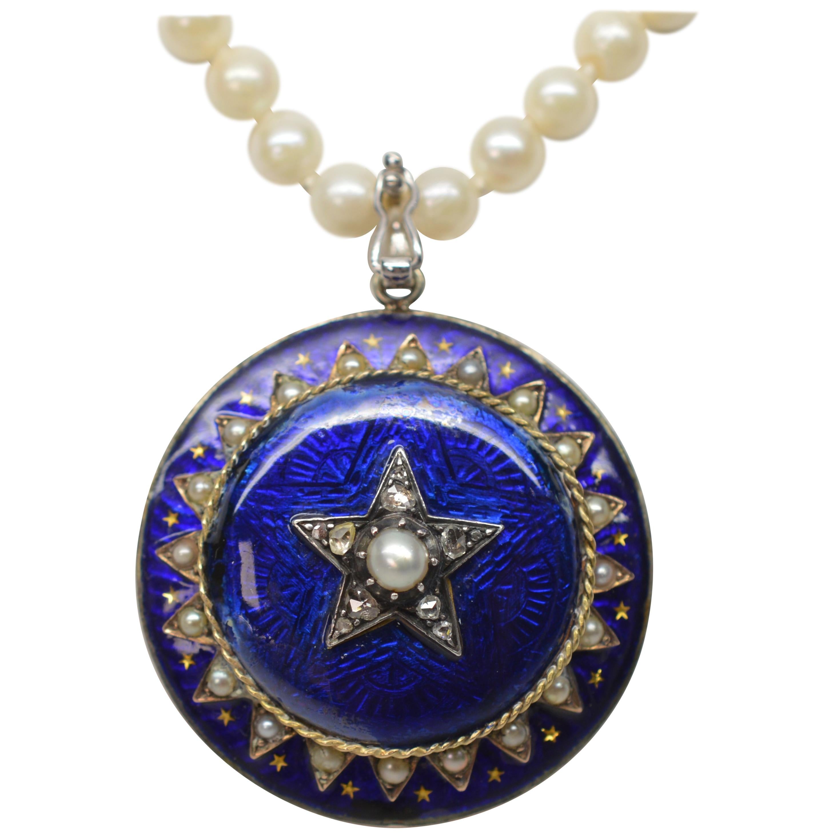 Gold Cobalt Blue Enamel Brooch Pendant Pearl Necklace with Diamond Accents