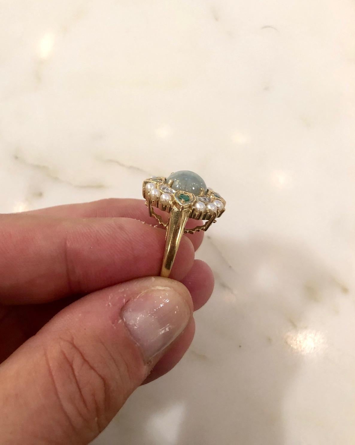 Round Cut Gold Cocktail Ring with Moon Stone, Pearls, Diamonds and Emeralds