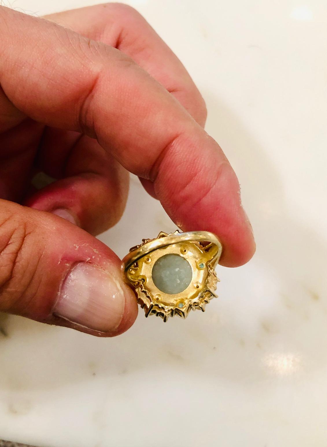 Gold Cocktail Ring with Moon Stone, Pearls, Diamonds and Emeralds In Excellent Condition In West Hollywood, CA