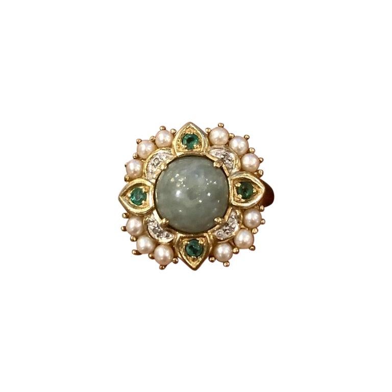 Gold Cocktail Ring with Moon Stone, Pearls, Diamonds and Emeralds