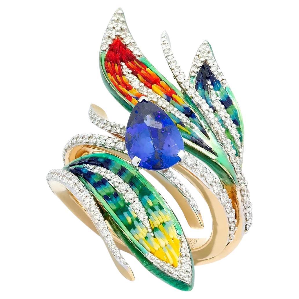 Gold Cocktail Ring with White Diamonds, Tanzanite and Micromosaic