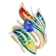 Gold Cocktail Ring with White Diamonds, Tanzanite and Micromosaic