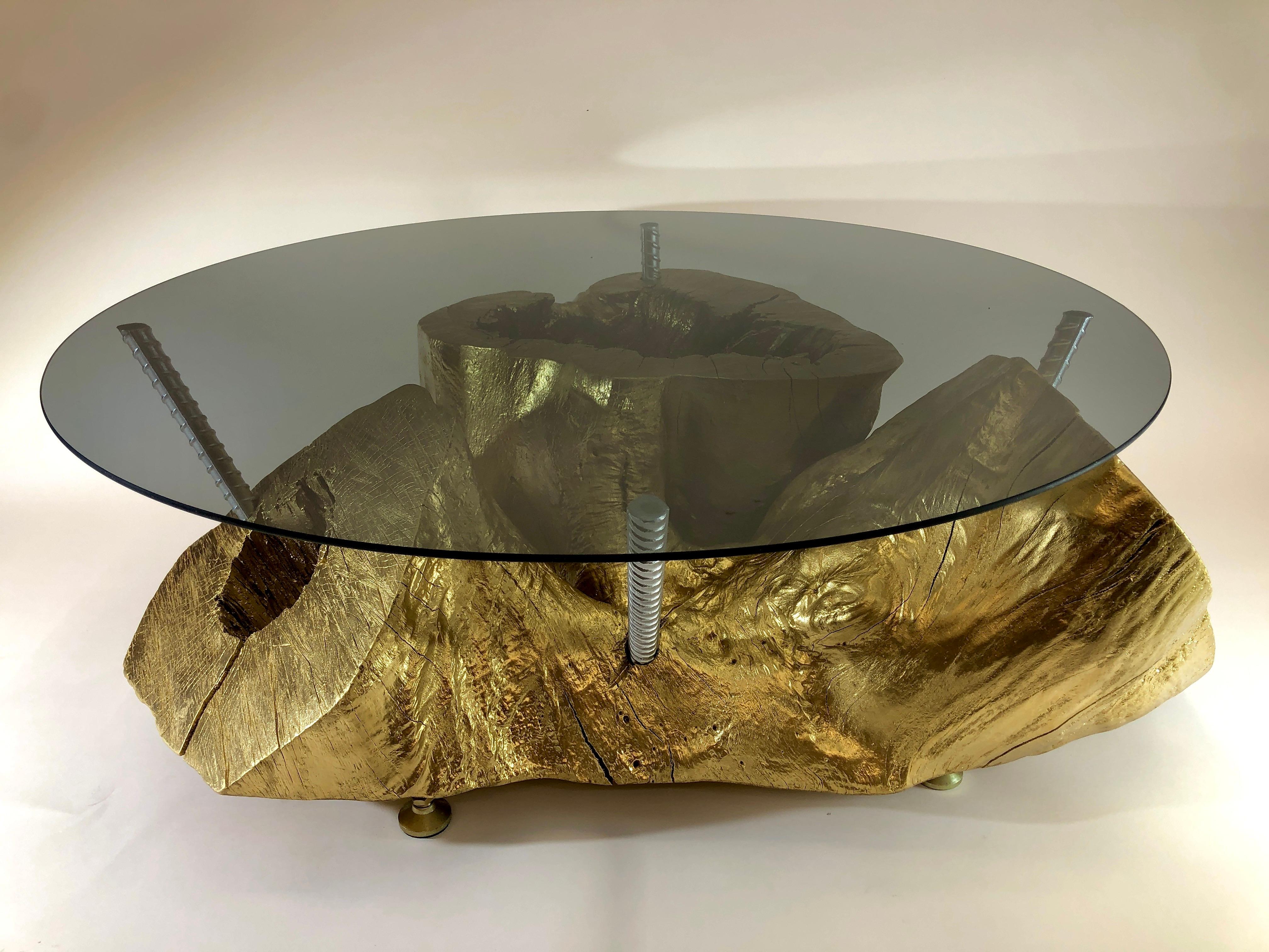 Contemporary Tree Stump Coffee Table In Gold With Smoked Glass Top For Sale