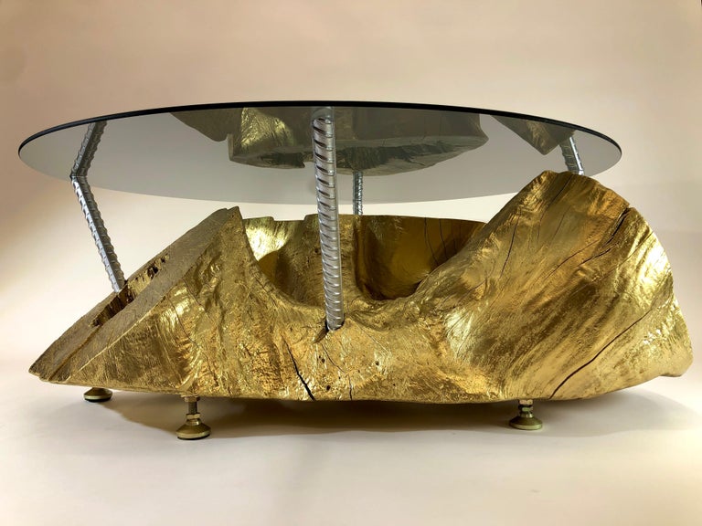 Tree Stump Coffee Table In Gold With Smoked Glass Top For Sale at 1stDibs