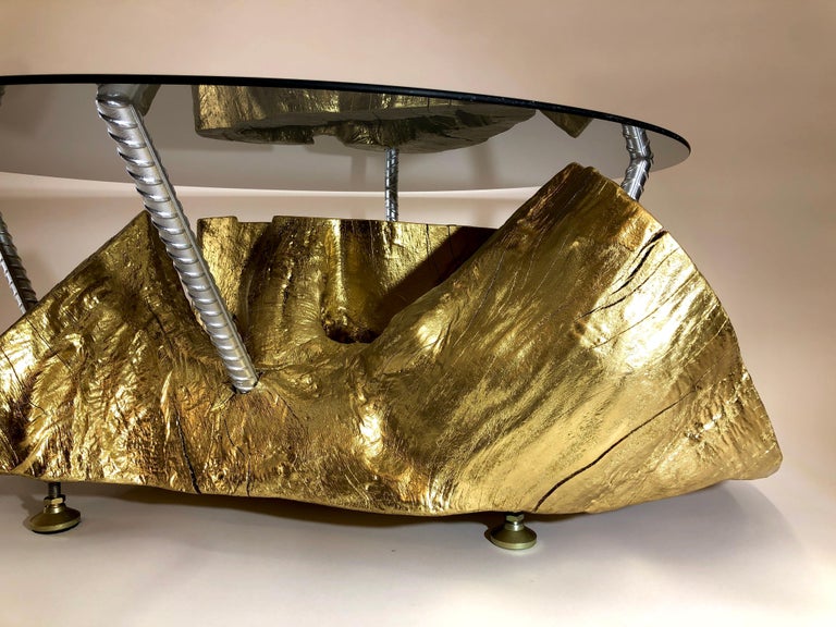 Tree Stump Coffee Table In Gold With Smoked Glass Top For Sale at 1stDibs