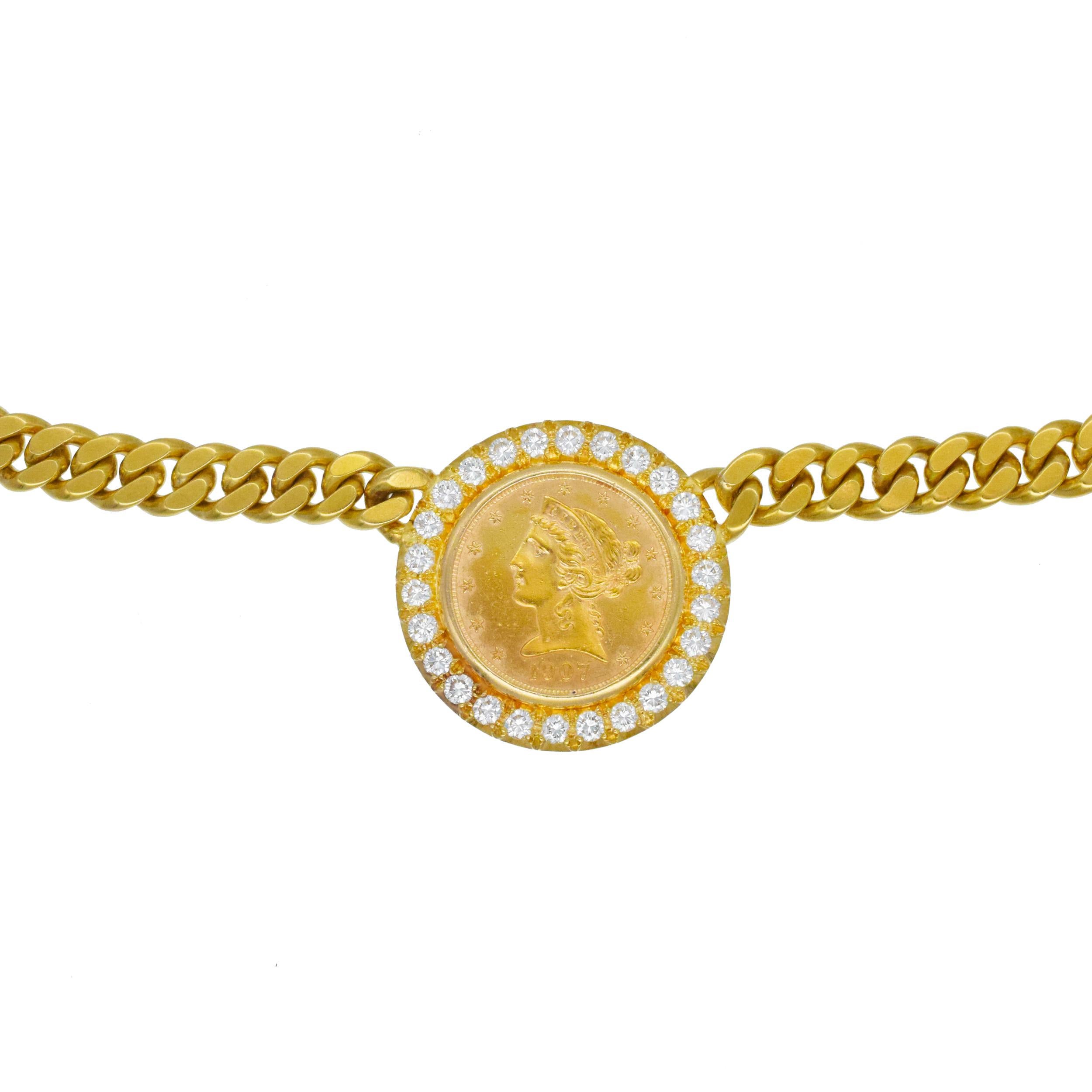 Collier en or jaune 18k avec pièces de monnaie et diamants Unisexe en vente