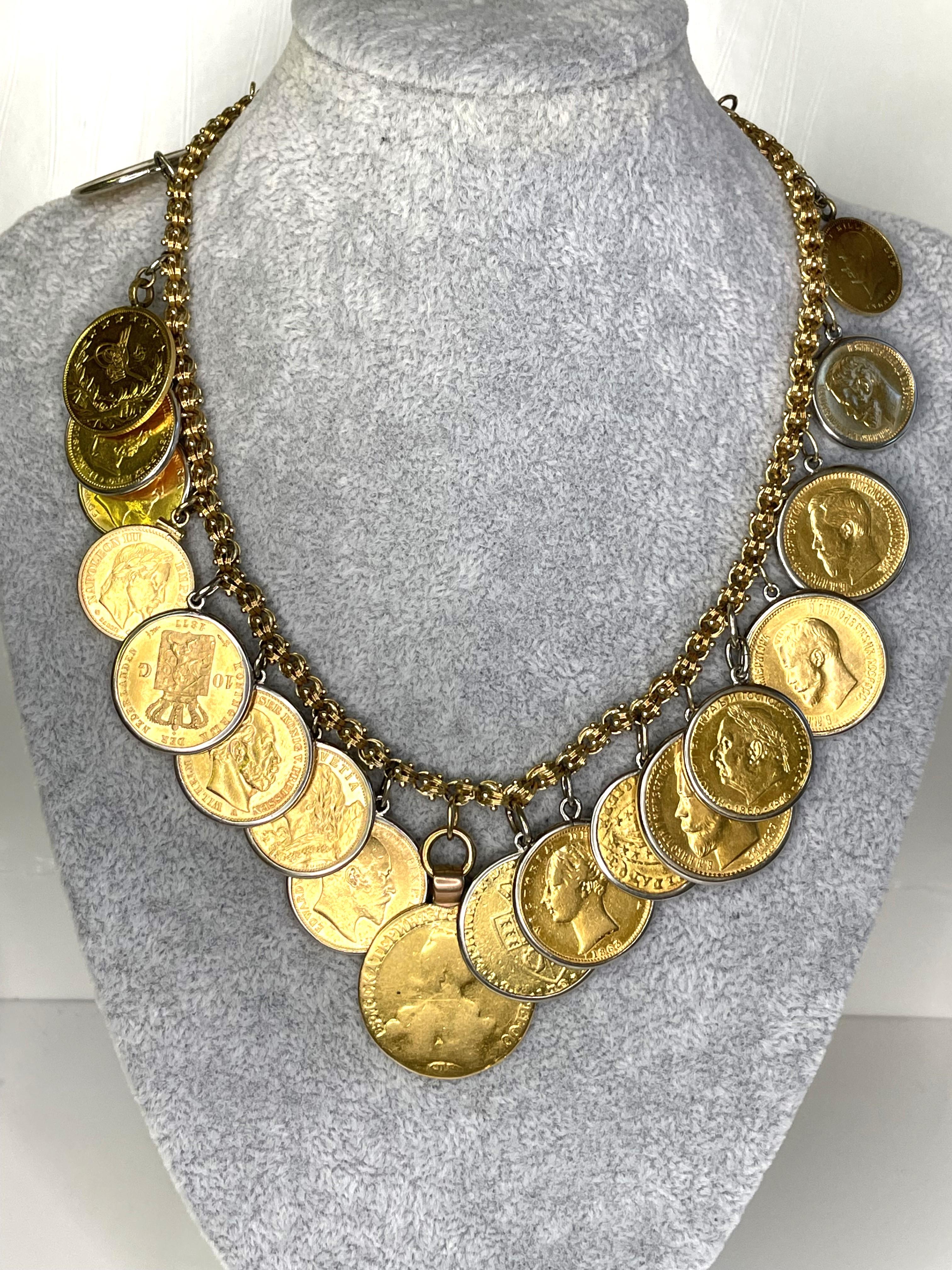 This one-of-a-kind necklace will be an awesome addition to any wardrobe and become a favorite piece for years to come! 
14 karat yellow fancy link chain.
23 coins in varying sizes adorn this unique necklace.
Largest round coin is approximately 28mm