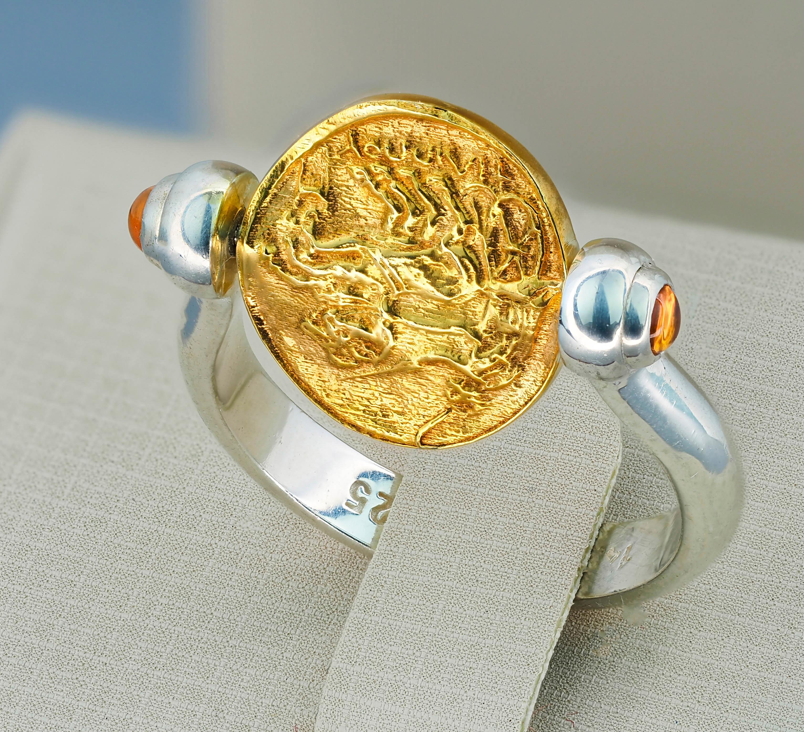 For Sale:  Gold Coin Ring with Sapphires, Two Sides Wearable Coins Ring 2