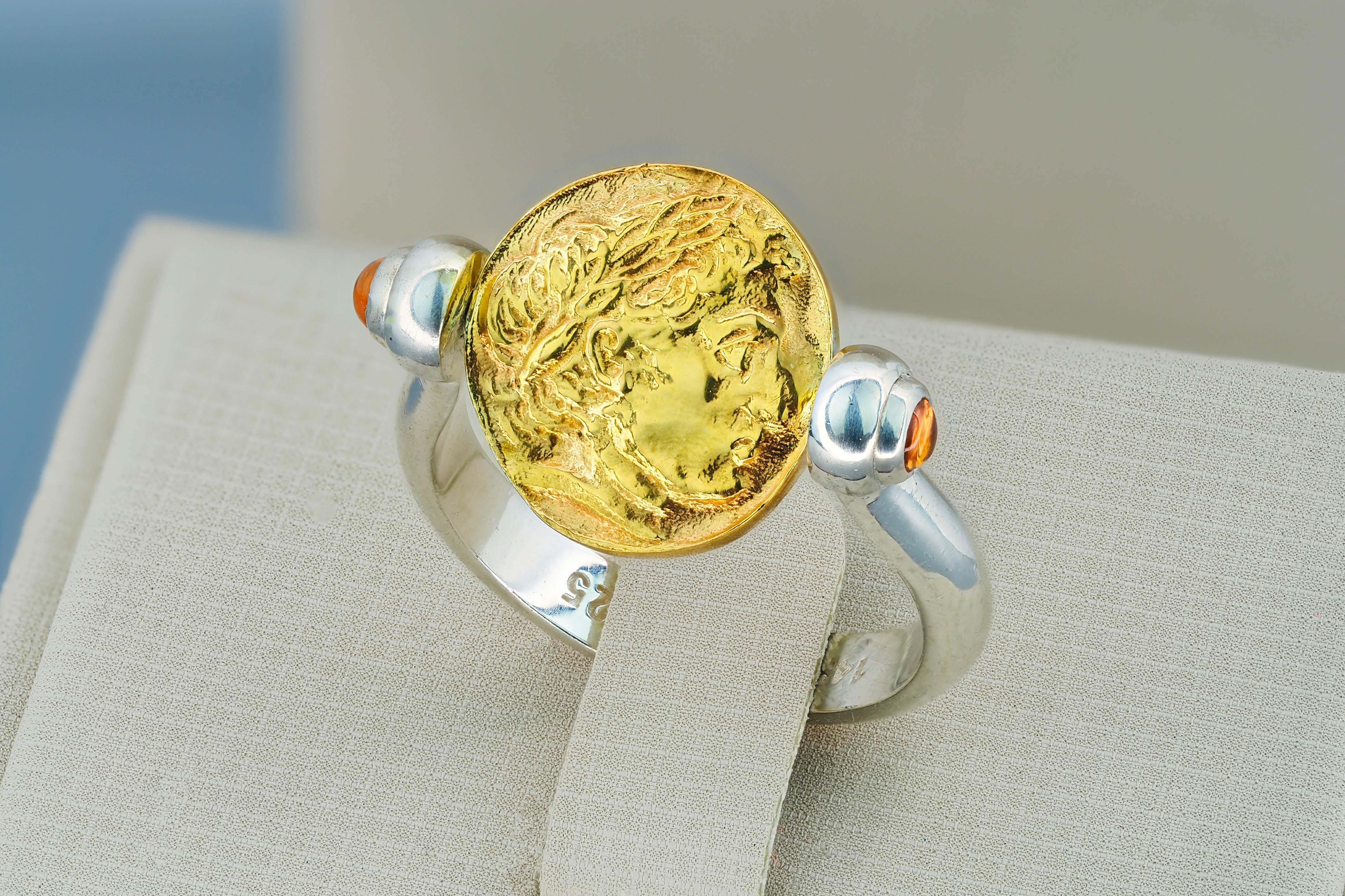 For Sale:  Gold Coin Ring with Sapphires, Two Sides Wearable Coins Ring 3
