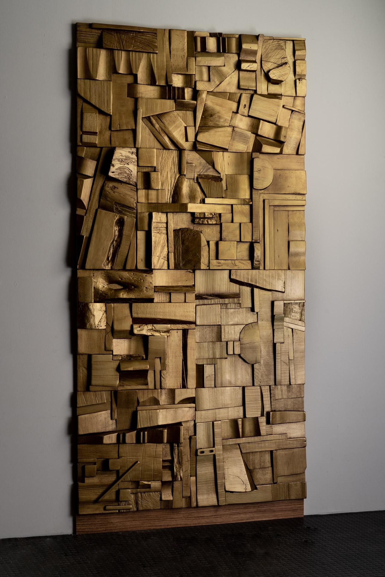 Mexican Gold Brutalist Sculptural Collage Artwork, Mural from Upcycled Wood For Sale