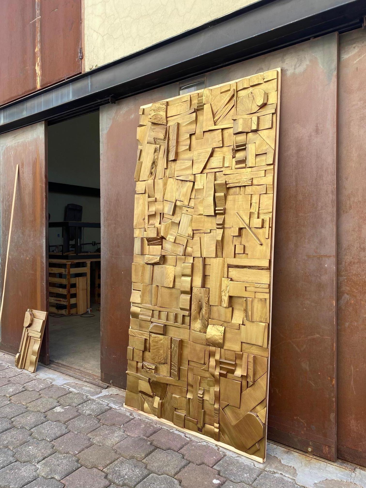 Lacquered Gold Brutalist Sculptural Collage Artwork, Mural from Upcycled Wood For Sale