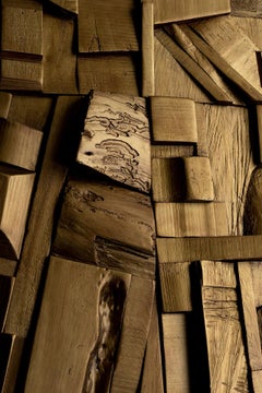 Gold Brutalist Sculptural Collage Artwork, Mural from Upcycled Wood