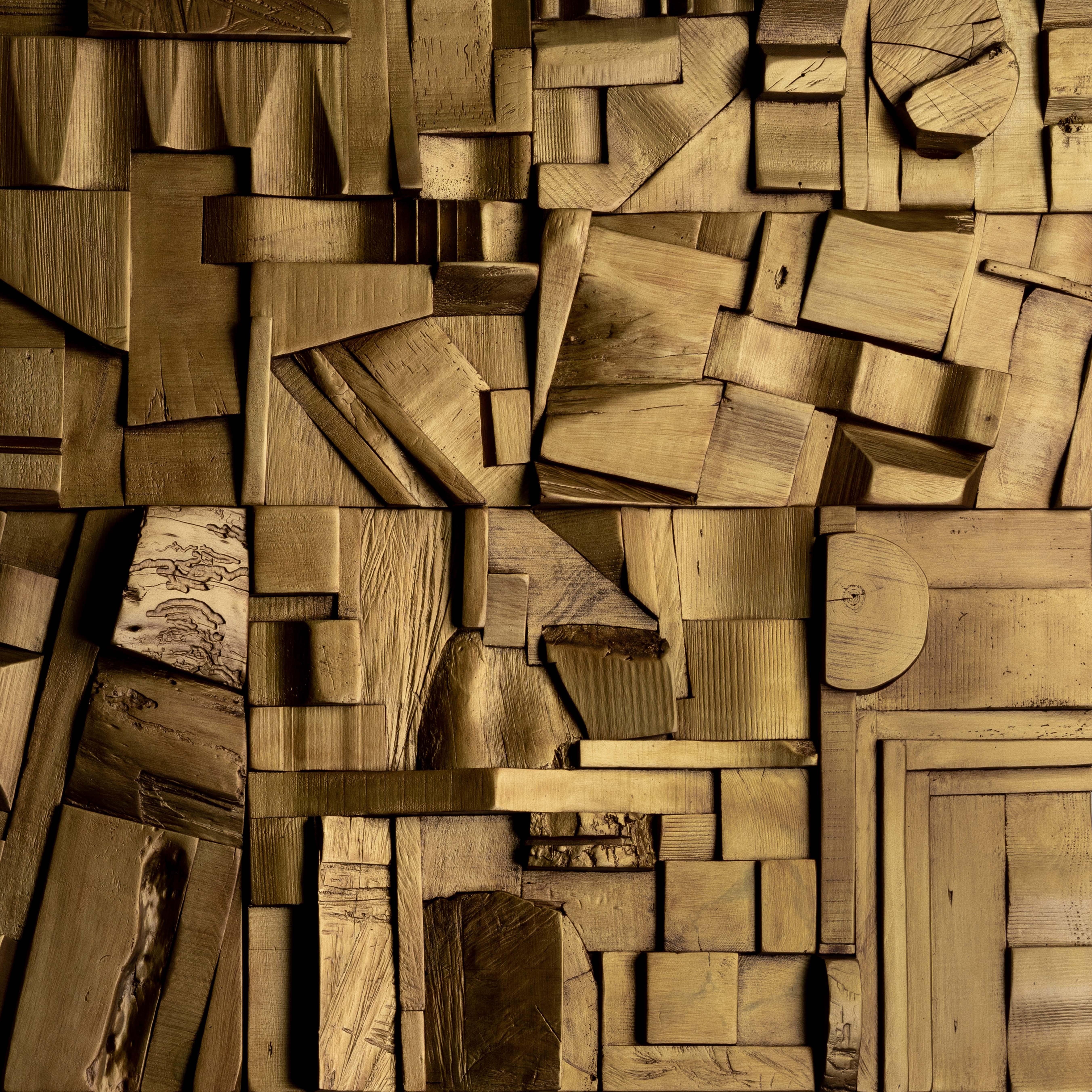 Gold Brutalist Sculptural Collage Artwork, Mural from Upcycled Wood