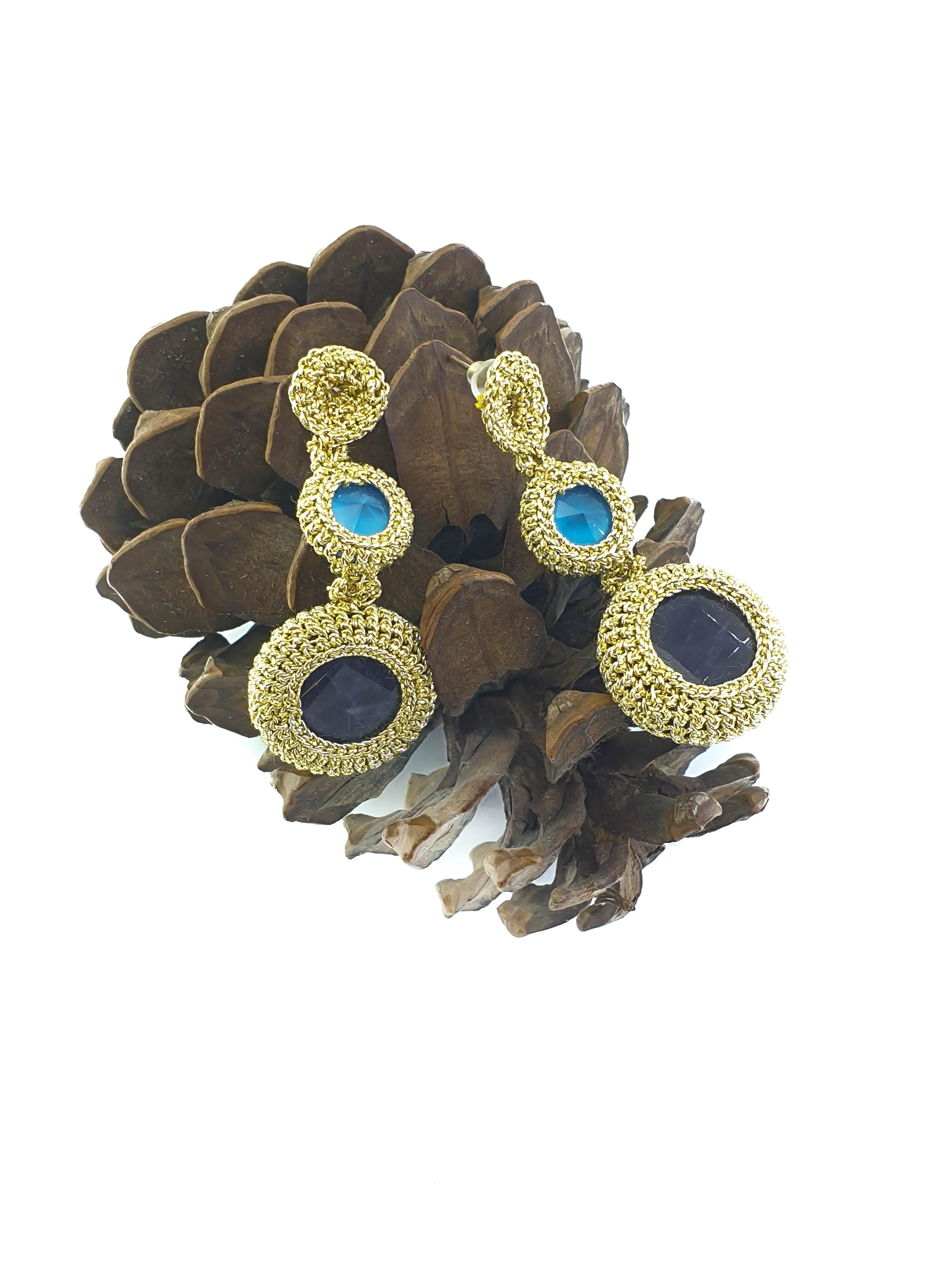 Contemporary Gold Color Crochet Thread Drop Earrings Amethyst Blue Vintage Swarovski Crystals For Sale