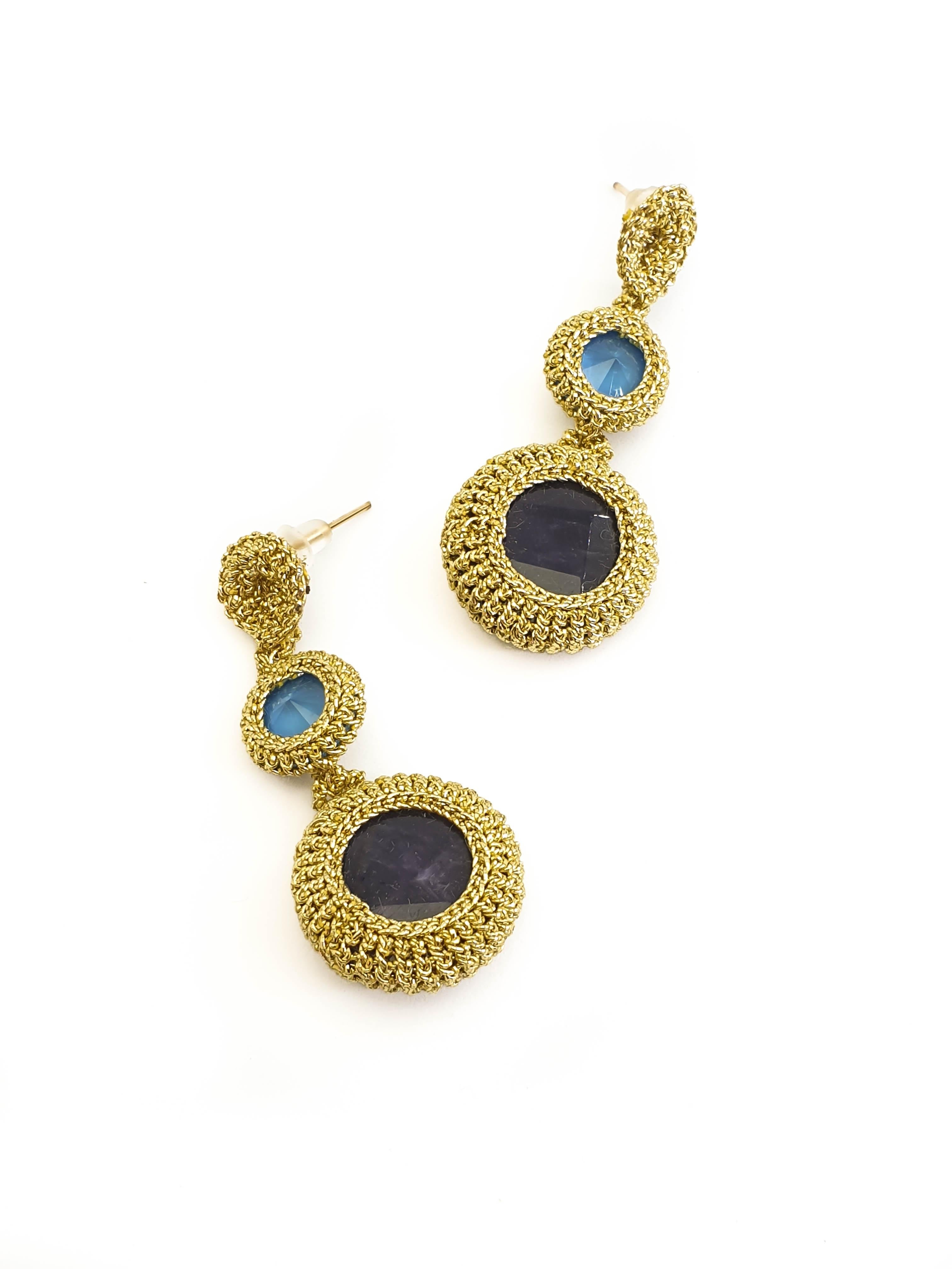 Gold Color Crochet Thread Drop Earrings Amethyst Blue Vintage Swarovski Crystals In New Condition For Sale In Kfar Saba, IL