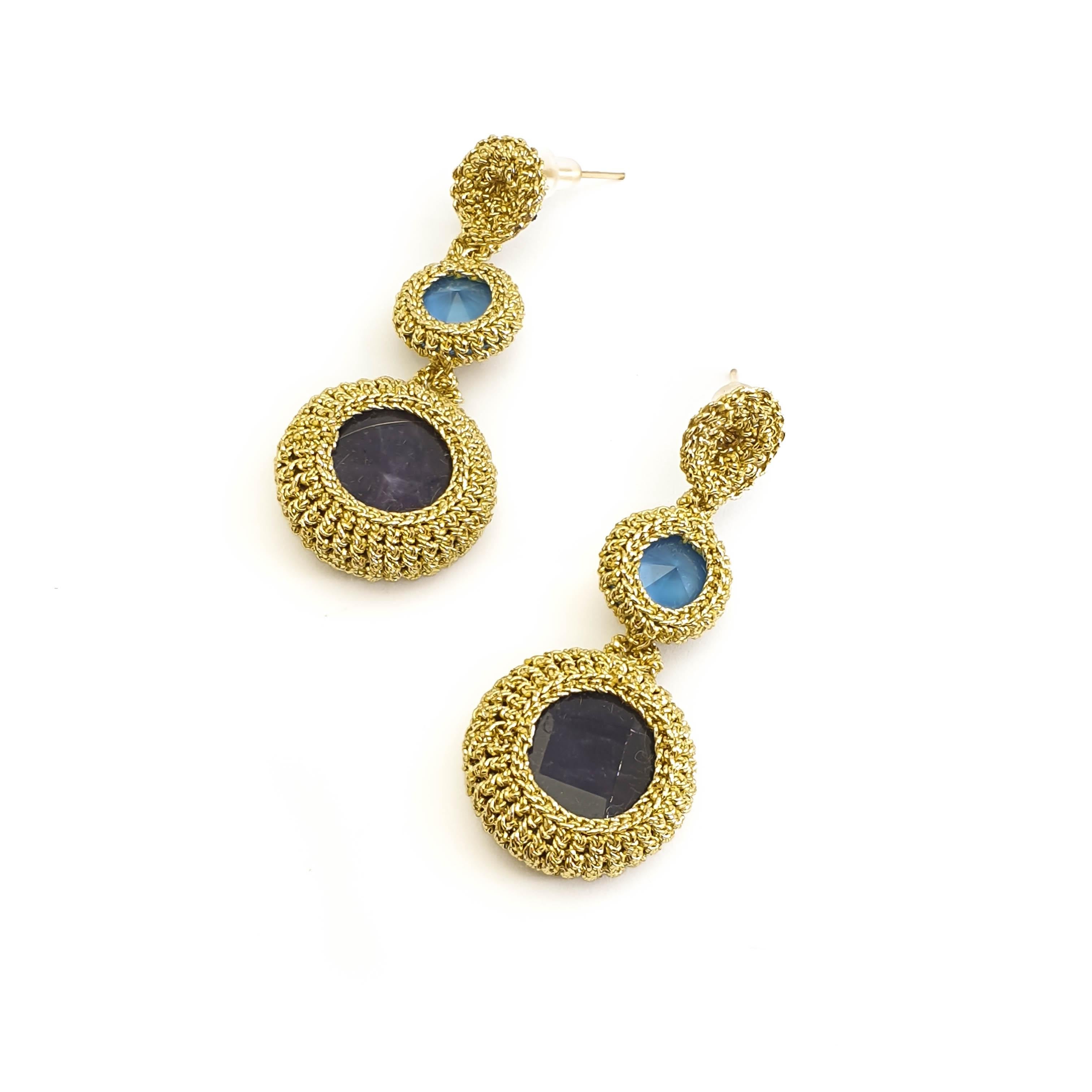 Women's Gold Color Crochet Thread Drop Earrings Amethyst Blue Vintage Swarovski Crystals For Sale