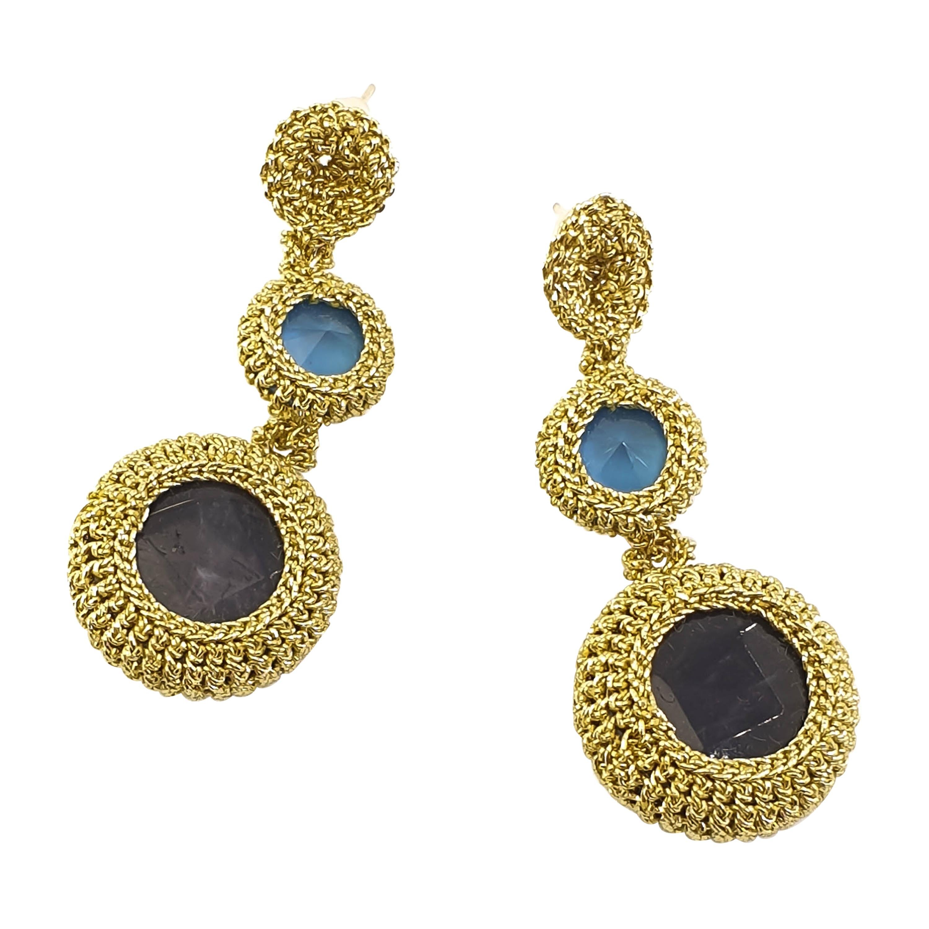 Gold Color Crochet Thread Drop Earrings Amethyst Blue Vintage Swarovski Crystals For Sale