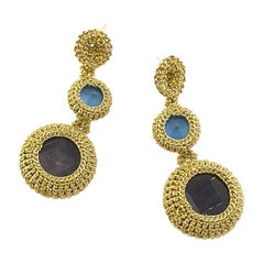 Gold Color Crochet Thread Drop Earrings Amethyst Blue Vintage Swarovski Crystals