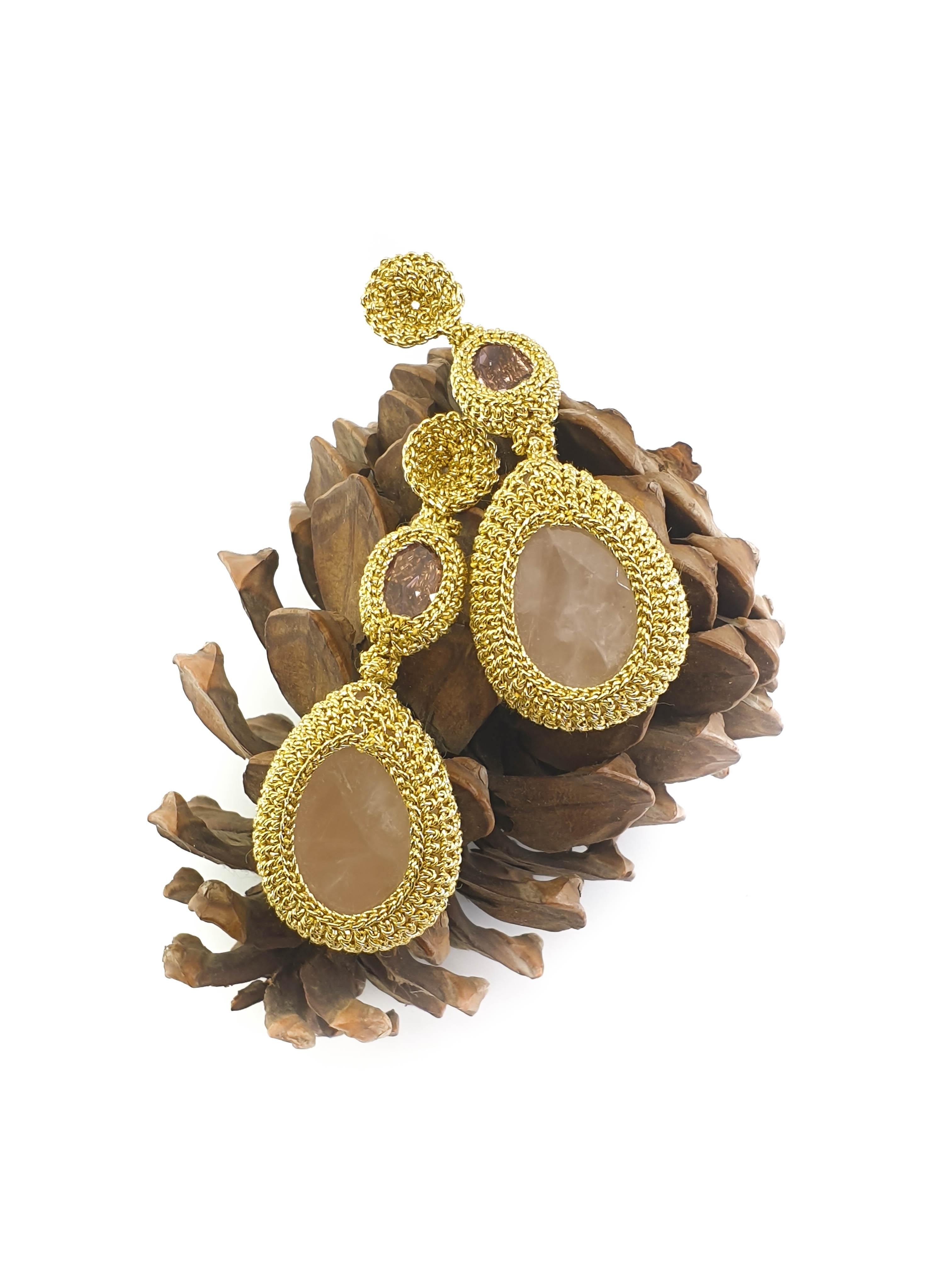 Artist Gold Color Crochet Thread Statement Bold Earrings Rose Quartz Swarovski Crystals For Sale