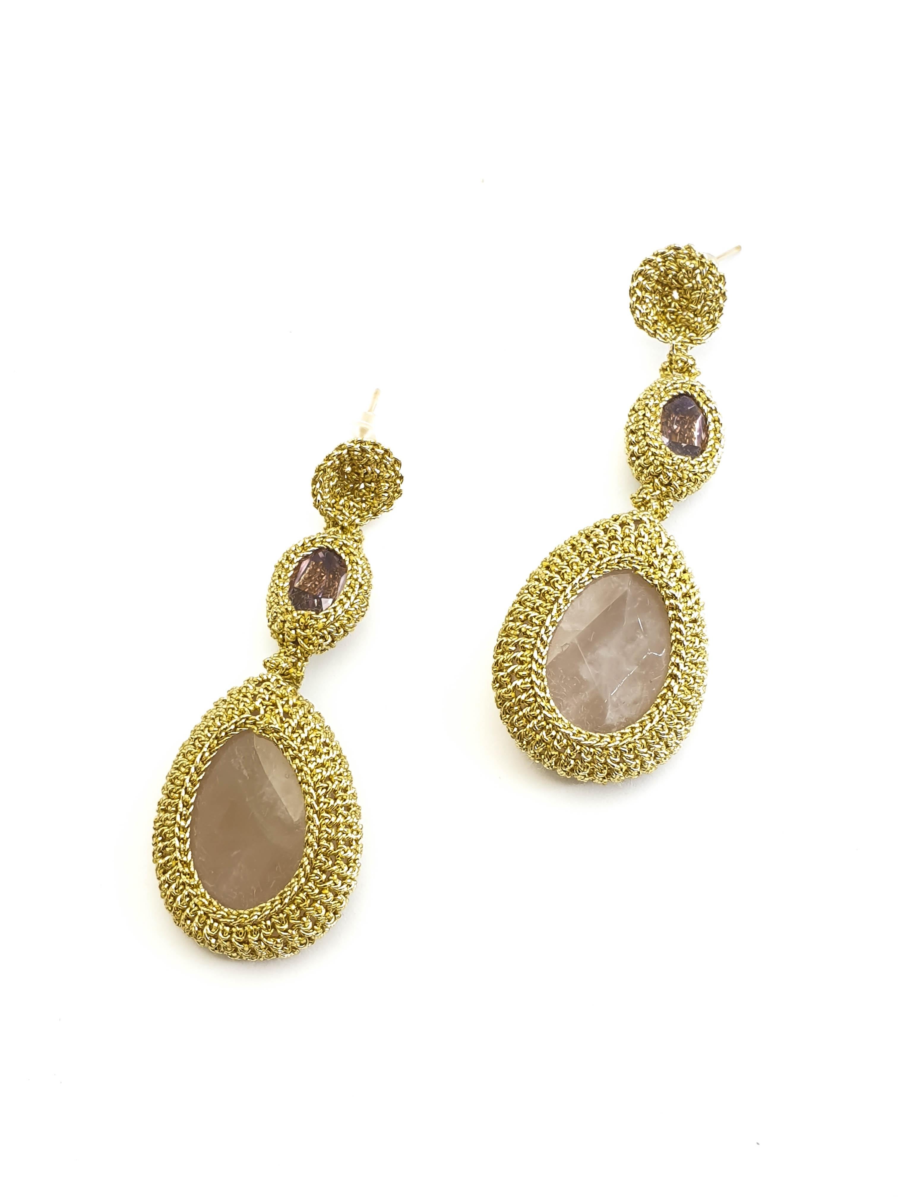 Gold Color Crochet Thread Statement Bold Earrings Rose Quartz Swarovski Crystals In New Condition For Sale In Kfar Saba, IL