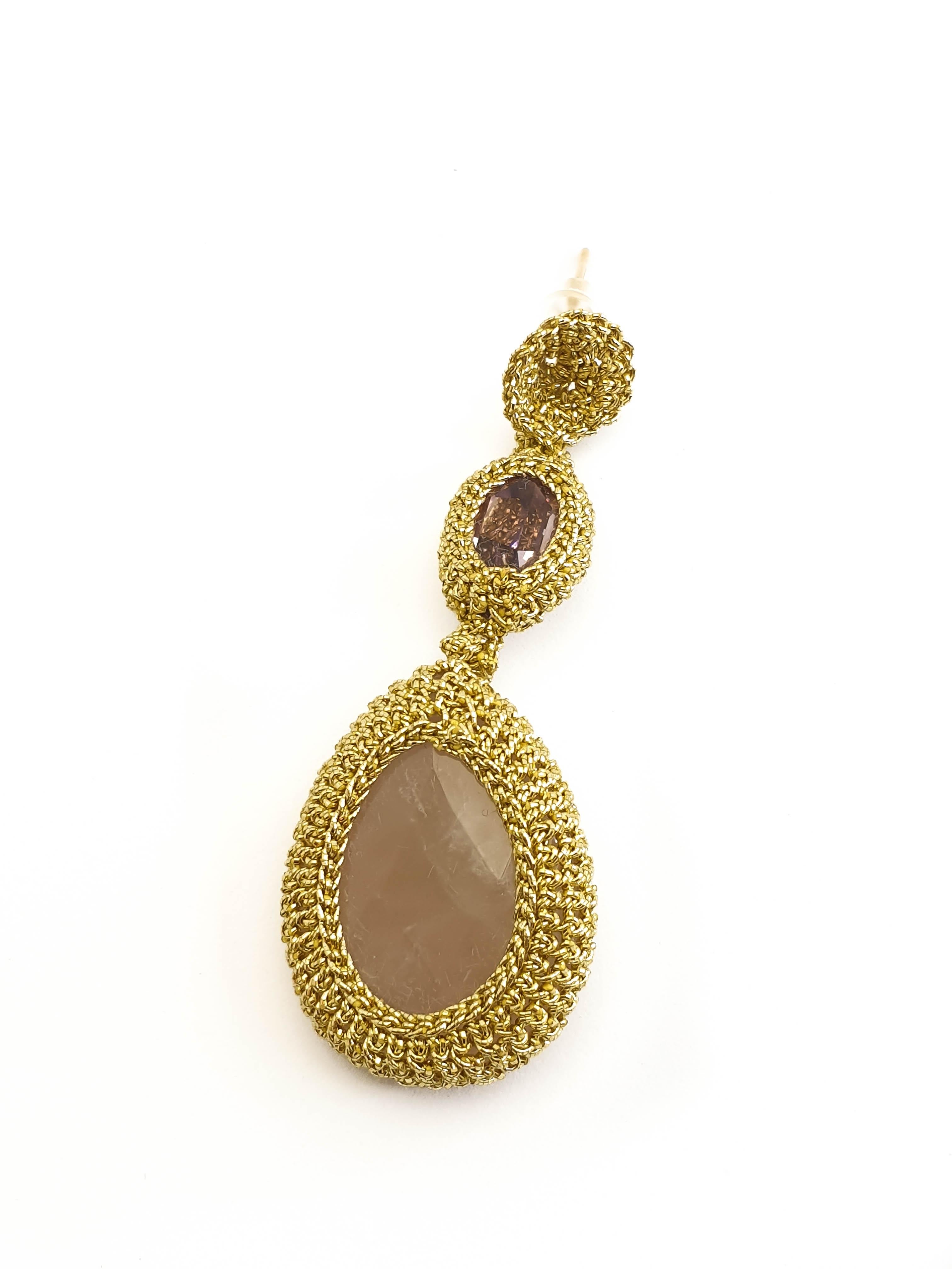Women's Gold Color Crochet Thread Statement Bold Earrings Rose Quartz Swarovski Crystals For Sale