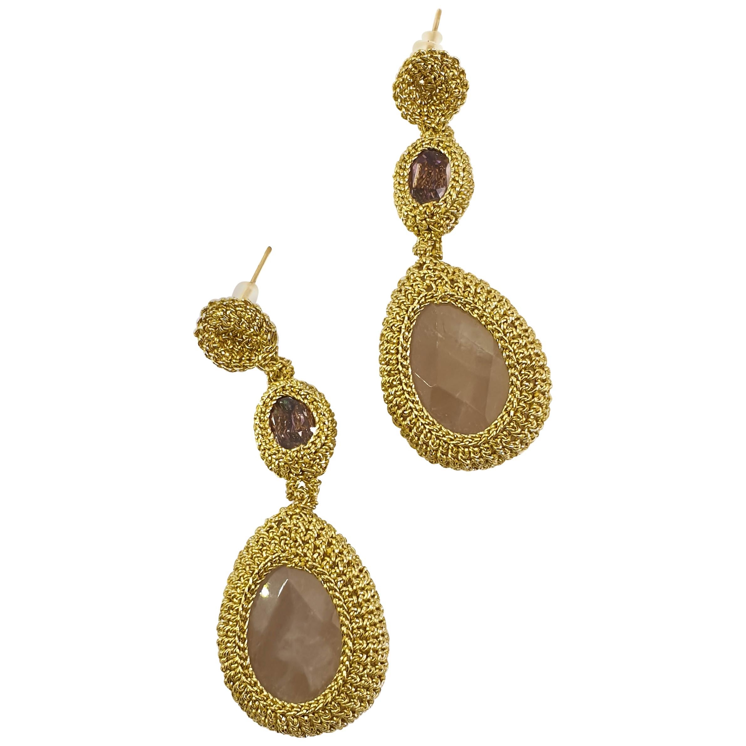 Gold Color Crochet Thread Statement Bold Earrings Rose Quartz Swarovski Crystals For Sale