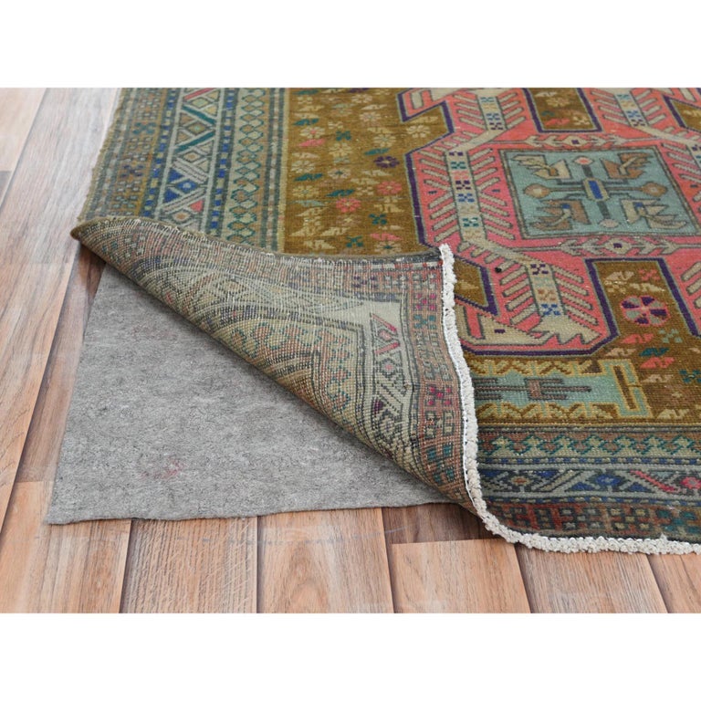Medieval Gold Color, Distressed Look Worn Wool Hand Knotted Vintage Northwest Persian Rug For Sale