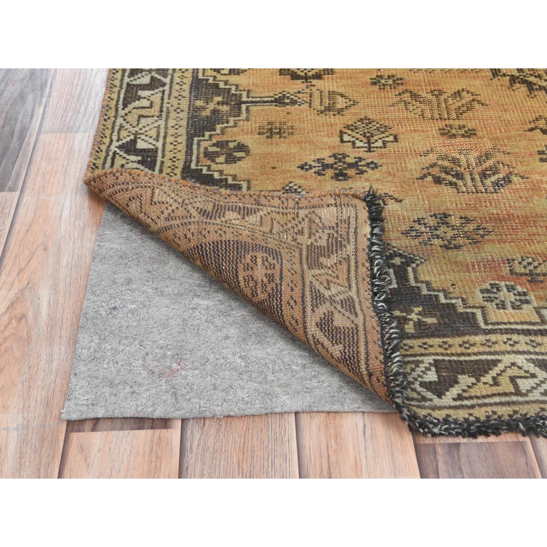 Medieval Gold Color, Distressed Look Worn Wool Hand Knotted, Vintage Persian Shiraz Rug For Sale