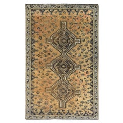 Gold Color, Distressed Look Worn Wool Hand Knotted, Retro Persian Shiraz Rug