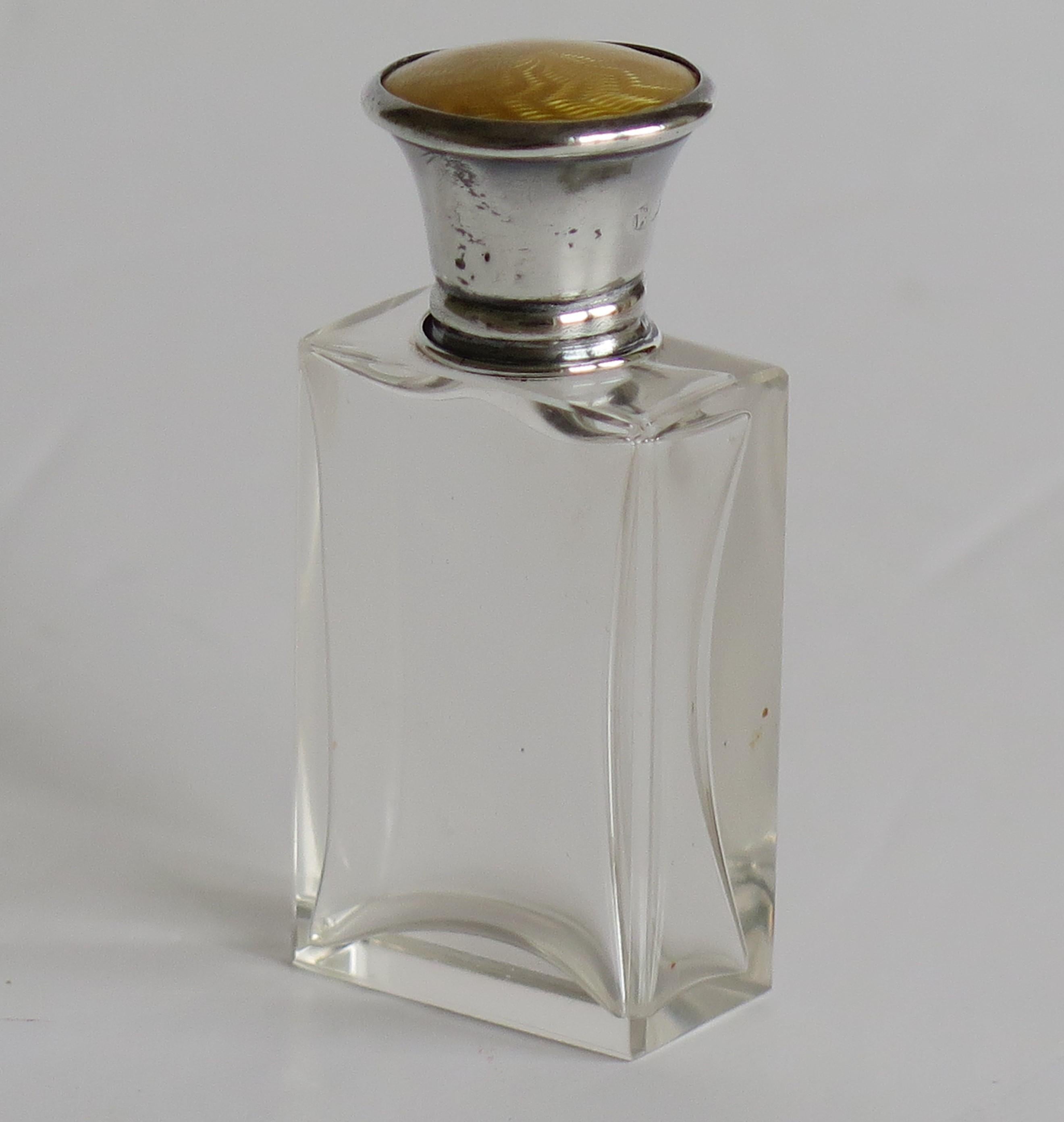 Art Deco Guilloche & Silver Topped Glass Scent or Perfume Bottle, London 1922 For Sale