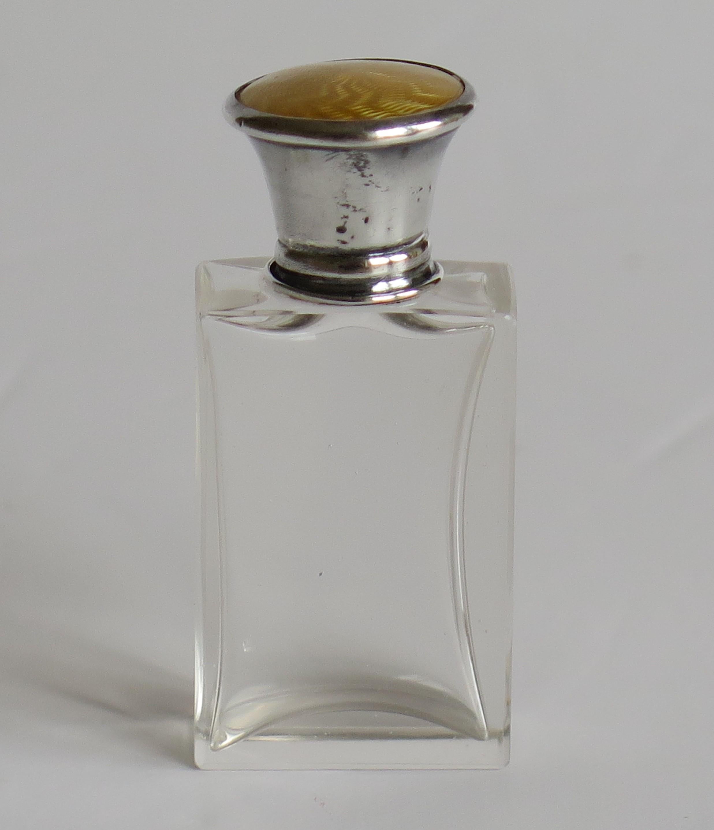 English Guilloche & Silver Topped Glass Scent or Perfume Bottle, London 1922 For Sale