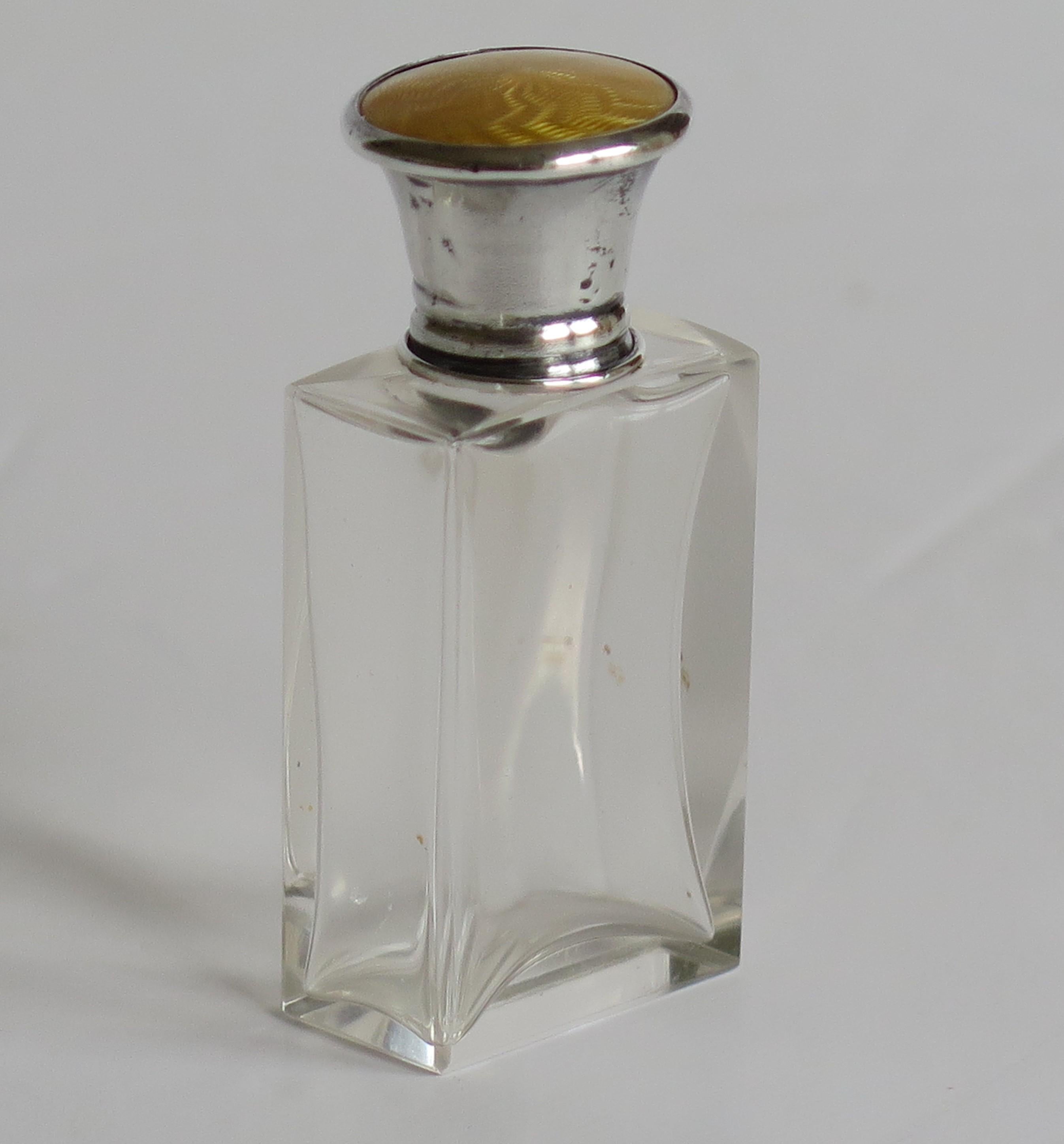 Hand-Carved Guilloche & Silver Topped Glass Scent or Perfume Bottle, London 1922 For Sale