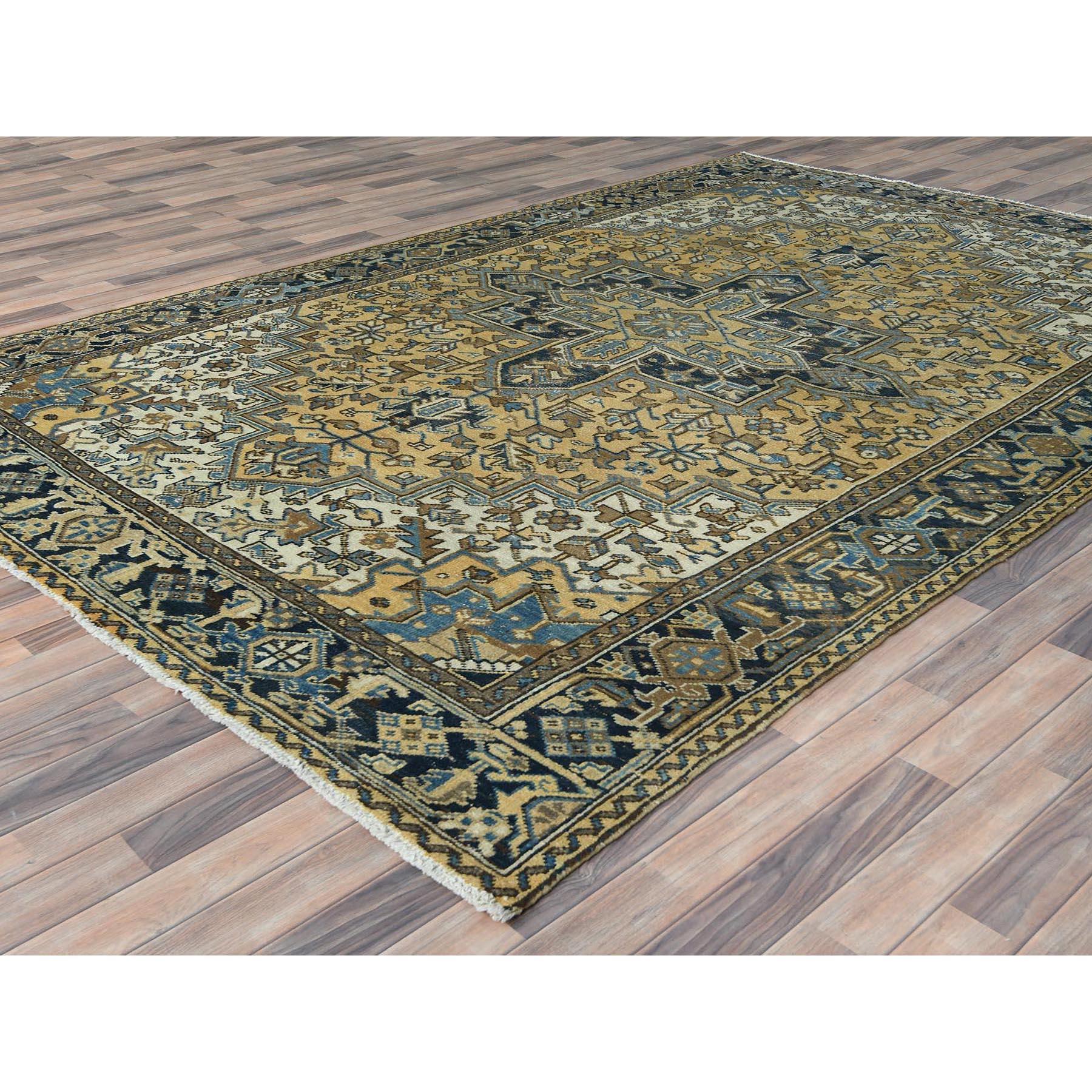 Hand-Knotted Gold Color Hand Knotted Vintage Persian Heriz Worn Down Rustic Look Wool Rug