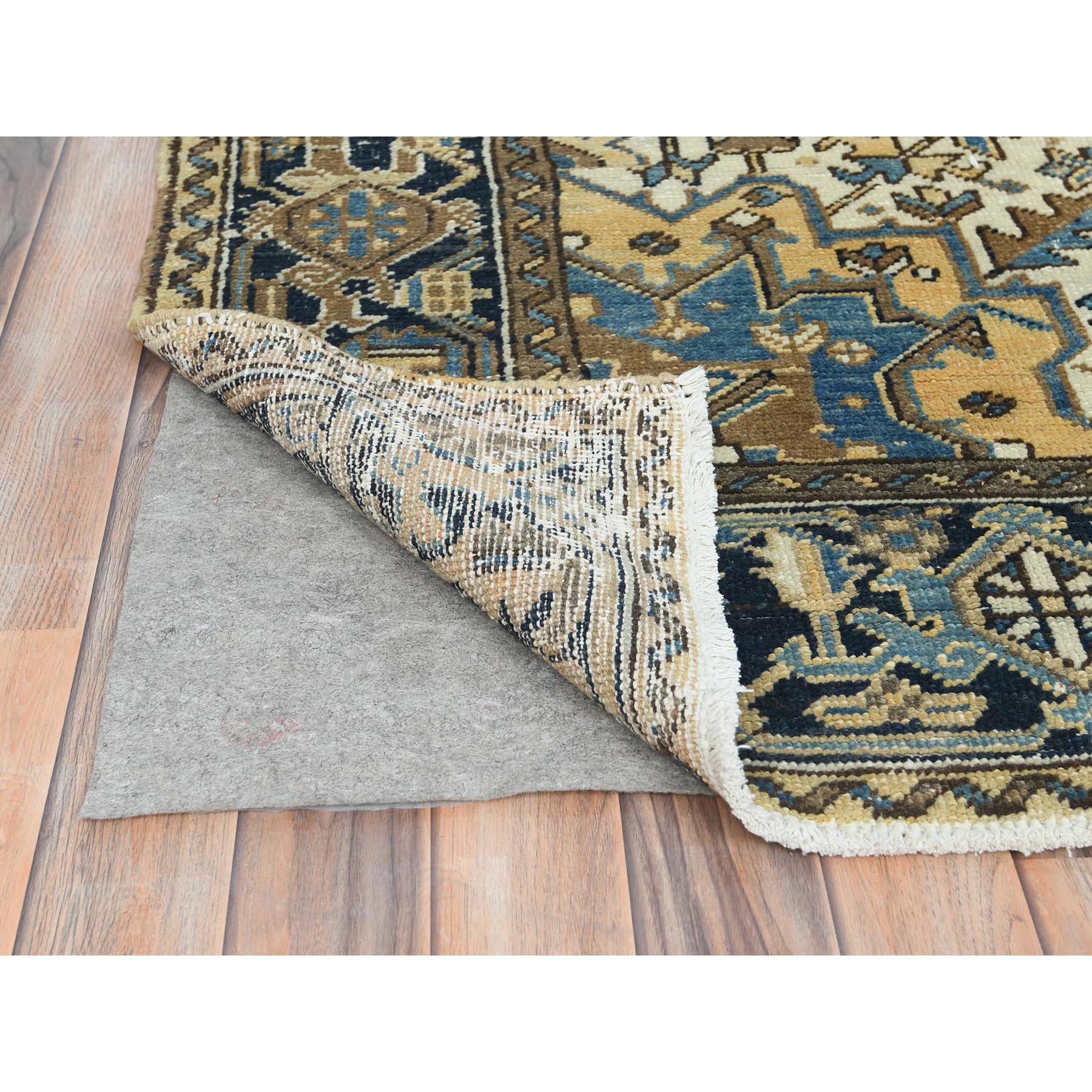 Gold Color Hand Knotted Vintage Persian Heriz Worn Down Rustic Look Wool Rug In Good Condition In Carlstadt, NJ