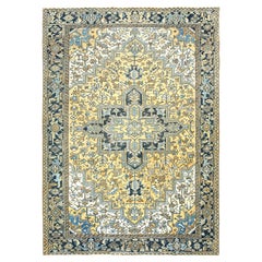 Gold Color Hand Knotted Vintage Persian Heriz Worn Down Rustic Look Wool Rug