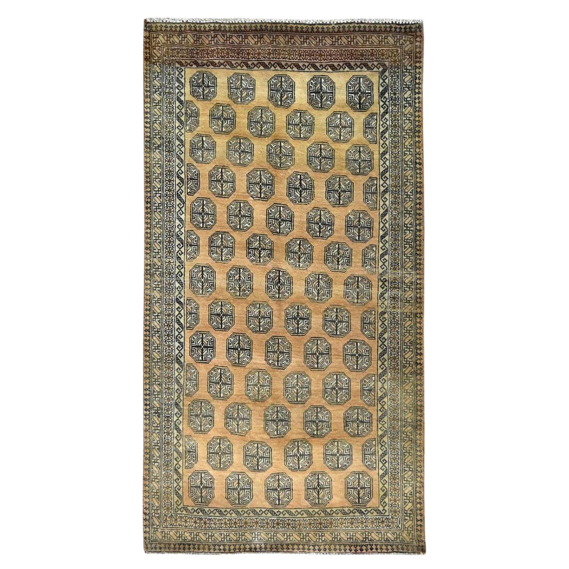 Gold Color, Hand Knotted Vintage Persian Turkaman, Worn Wool Distressed Rug