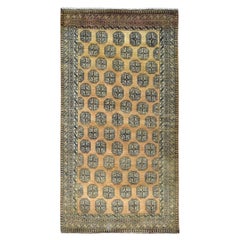 Gold Color, Hand Knotted Vintage Persian Turkaman, Worn Wool Distressed Rug