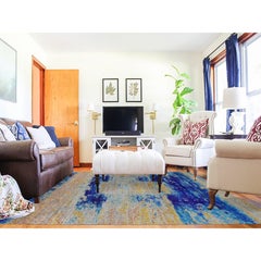 Gold Color Sari Silk-Textured Wool Abstract Design Hand Knotted Oriental Rug