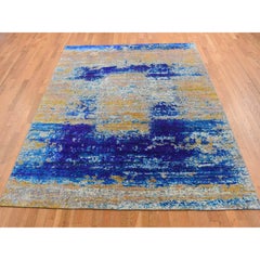 Gold Color Sari Silk-Textured Wool Abstract Design Hand Knotted Oriental Rug