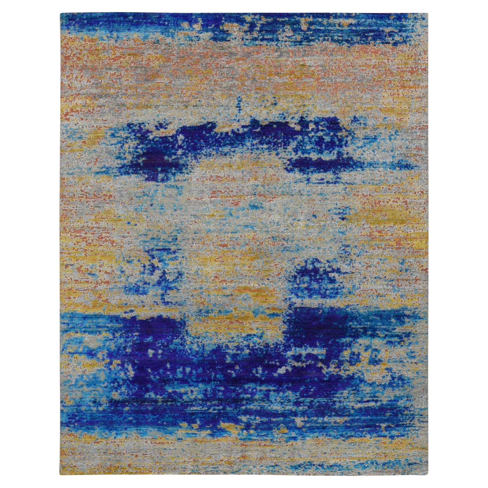 Tapis d'Orient Sari couleur or, laine texturée à la soie, design abstrait, noué à la main