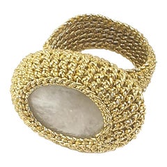 Gold Color Thread Classic Cocktail Crochet Ring Moonstone Bold statement Unique